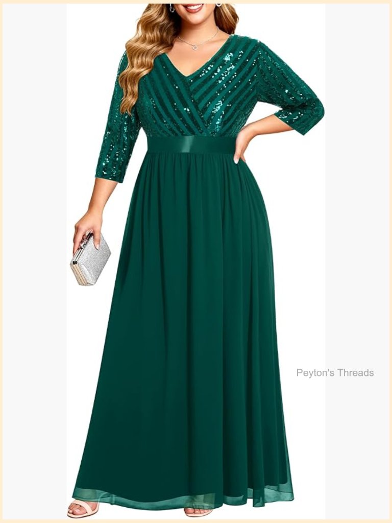 Plus Size Sequin Prom Evening Gown V-Neck 3/4 Sleeve Long Maxi Dress
